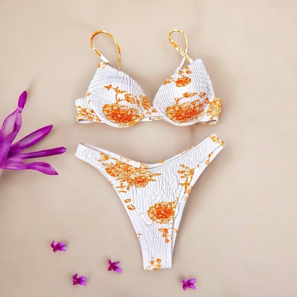 Floral Ruched Two Piece Bikini Set White Orange Tropical Shirred Cheeky Medium - Picture 1 of 9